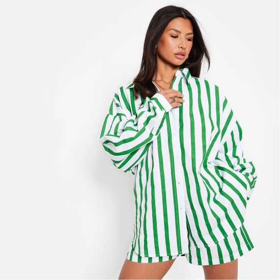 I Saw It First Stripe Cotton Oversized Shirt ЗЕЛЕНА ПОЛОСА Дамски ризи и тениски