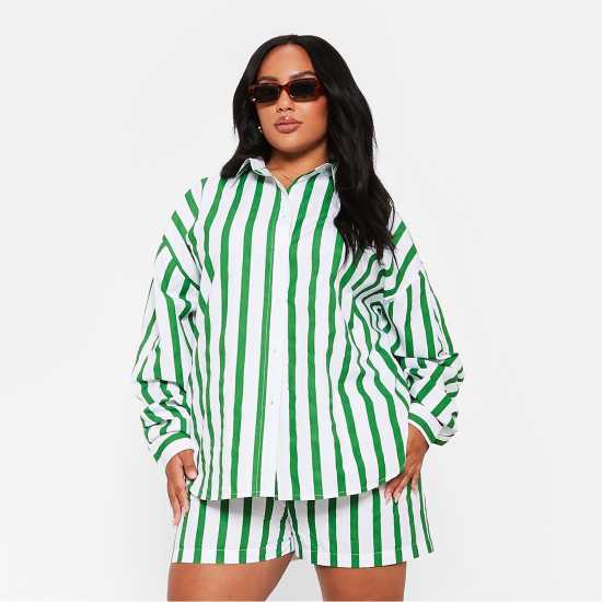 I Saw It First Stripe Cotton Oversized Shirt ЗЕЛЕНА ПОЛОСА Дамски ризи и тениски