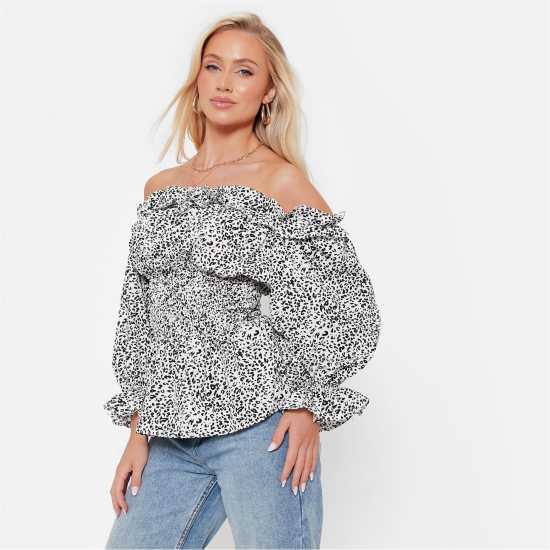 I Saw It First Printed Ruffle Bardot Peplum Top  Дамски тениски и фланелки