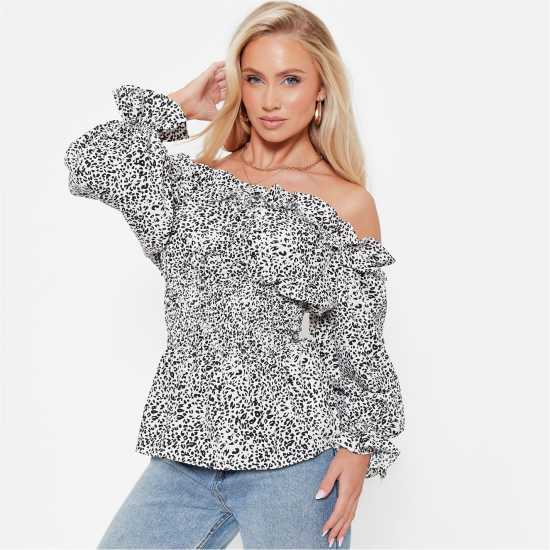 I Saw It First Printed Ruffle Bardot Peplum Top  Дамски тениски и фланелки