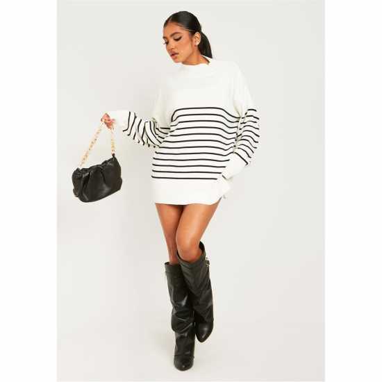 Missy Empire Harriet Black & White High Neck Oversized Long Sleeve Jumper Бяло/Черно Дамски пуловери и жилетки