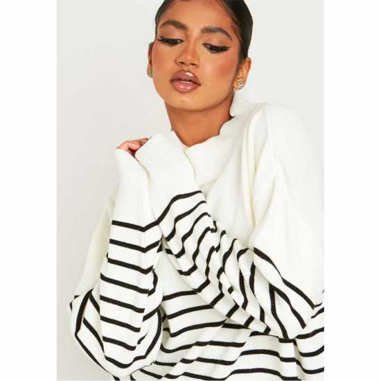 Missy Empire Harriet Black & White High Neck Oversized Long Sleeve Jumper Бяло/Черно Дамски пуловери и жилетки