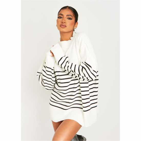 Missy Empire Harriet Black & White High Neck Oversized Long Sleeve Jumper Бяло/Черно Дамски пуловери и жилетки