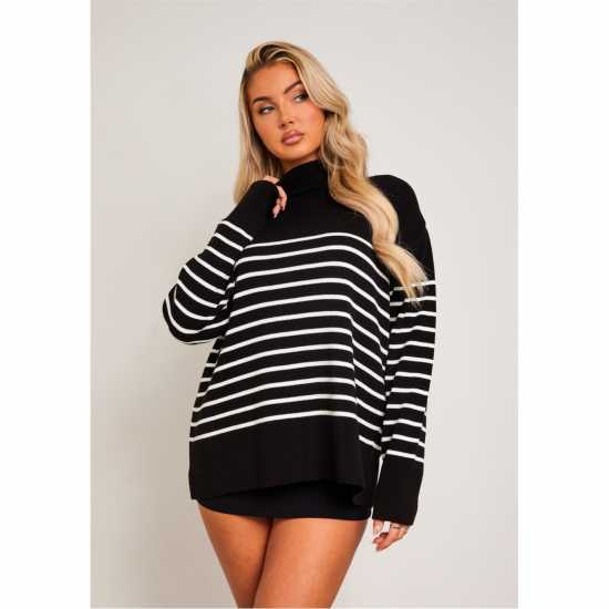 Missy Empire Harriet Black & White High Neck Oversized Long Sleeve Jumper Черно/Бяло Дамски пуловери и жилетки