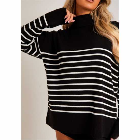 Missy Empire Harriet Black & White High Neck Oversized Long Sleeve Jumper Черно/Бяло Дамски пуловери и жилетки