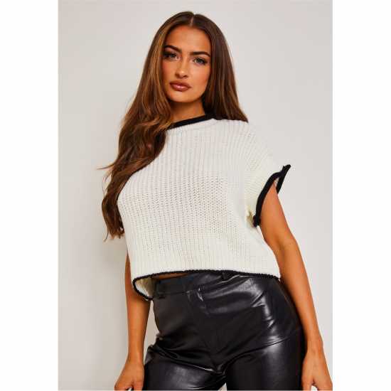 Missy Empire Beatrix Black & White Cropped Knitted Jumper Vest Бяло/Черно Дамски пуловери и жилетки