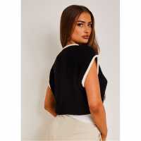 Missy Empire Beatrix Black & White Cropped Knitted Jumper Vest Черно/Бяло Дамски пуловери и жилетки