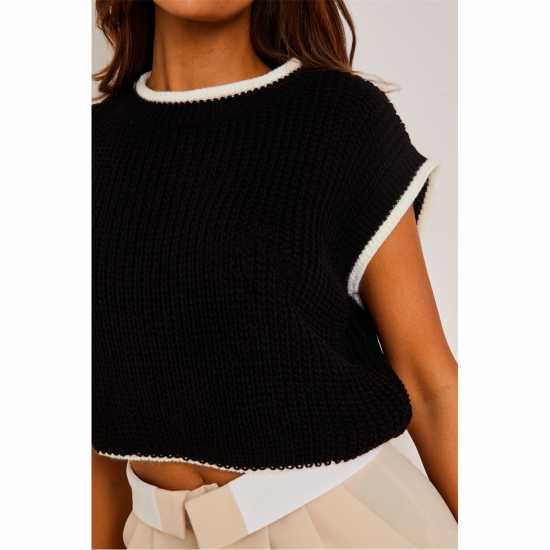 Missy Empire Beatrix Black & White Cropped Knitted Jumper Vest Черно/Бяло Дамски пуловери и жилетки