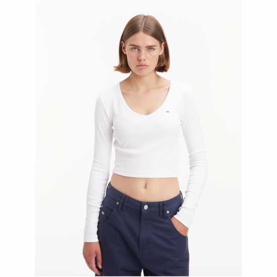 Tommy Jeans Tjw Bby Crp Essential Rib V Ls Бяло Womens