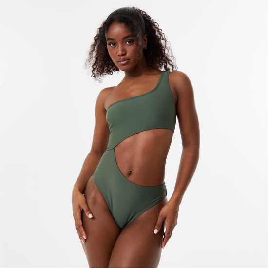 Jack Wills One Shoulder Cut Out Swimsuit Хаки Бикини танкини шорти