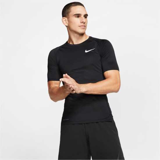 Nike Pro Men's Tight Fit Short-Sleeve Top Black/White Мъжки долни дрехи