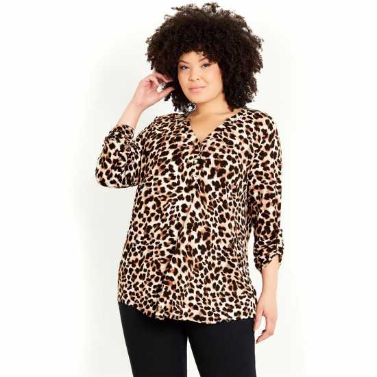 Evans Beige Brown Animal Print Half Placket Blouse  Мъжки къси панталони