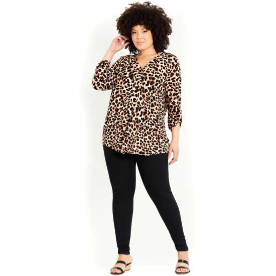 Evans Beige Brown Animal Print Half Placket Blouse  Мъжки къси панталони