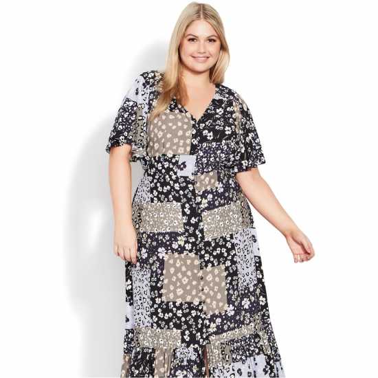 Evans Patchwork Floral Print Angel Sleeve Maxi Dress  Мъжки къси панталони