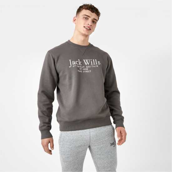 Блуза Обло Деколте Jack Wills Belvue Graphic Logo Crew Neck Sweatshirt Сланина Мъжко облекло за едри хора