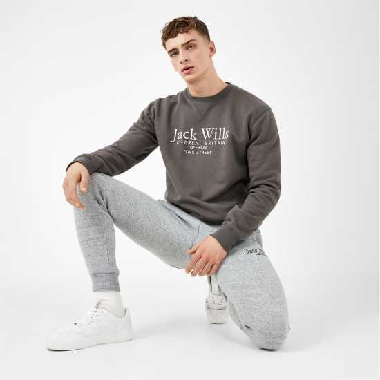 Блуза Обло Деколте Jack Wills Belvue Graphic Logo Crew Neck Sweatshirt Сланина Мъжко облекло за едри хора