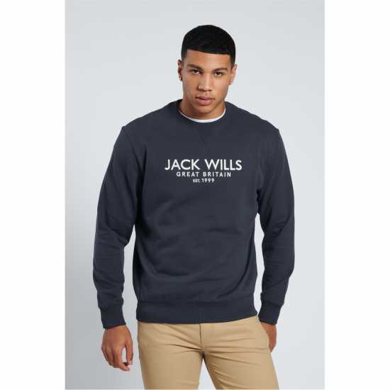 Блуза Обло Деколте Jack Wills Belvue Graphic Logo Crew Neck Sweatshirt Ebony Мъжко облекло за едри хора