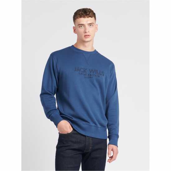 Блуза Обло Деколте Jack Wills Belvue Graphic Logo Crew Neck Sweatshirt Sargasso Sea Мъжко облекло за едри хора