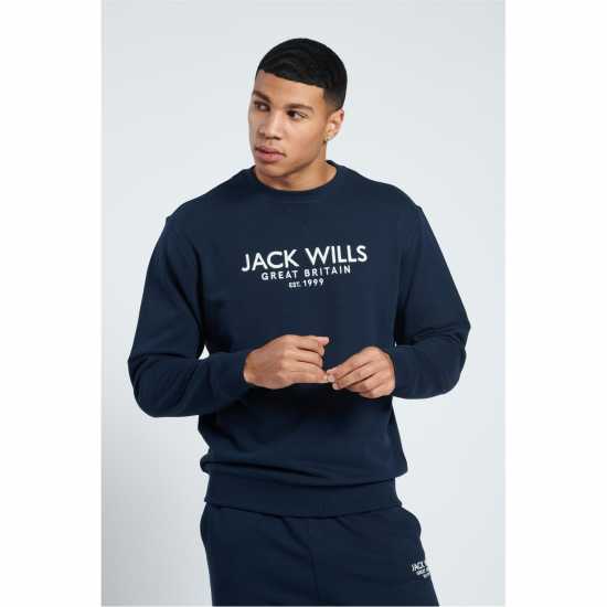 Блуза Обло Деколте Jack Wills Belvue Graphic Logo Crew Neck Sweatshirt Total Eclipse Мъжко облекло за едри хора