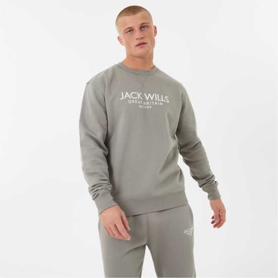 Блуза Обло Деколте Jack Wills Belvue Graphic Logo Crew Neck Sweatshirt Прани Хаки Мъжко облекло за едри хора