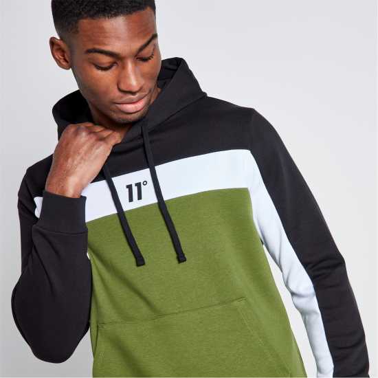 11 Degrees Cut And Sew Panelled Hoodie - Black / Darkest Spruce Green  Мъжки суитчъри и блузи с качулки