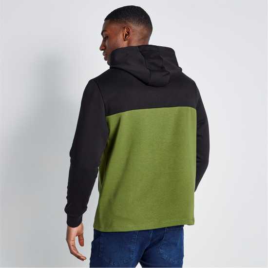 11 Degrees Cut And Sew Panelled Hoodie - Black / Darkest Spruce Green  Мъжки суитчъри и блузи с качулки