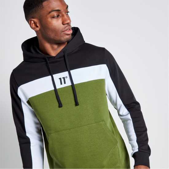 11 Degrees Cut And Sew Panelled Hoodie - Black / Darkest Spruce Green  Мъжки суитчъри и блузи с качулки