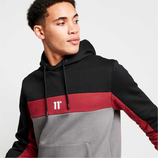 11 Degrees Cut And Sew Panelled Pullover Hoodie - Black / Pomegranate  Мъжки суитчъри и блузи с качулки