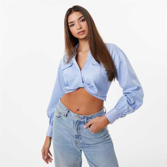 Jack Wills Draped Cropped Blouse Меко синьо Дамски ризи и тениски