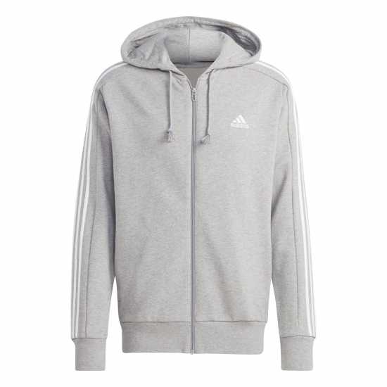 Adidas Essentials French Terry 3-Stripes Zip Hoodie Mens сиво хеатър/бяло Футболни екипи за бягане