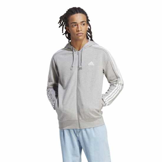 Adidas Essentials French Terry 3-Stripes Zip Hoodie Mens сиво хеатър/бяло Футболни екипи за бягане