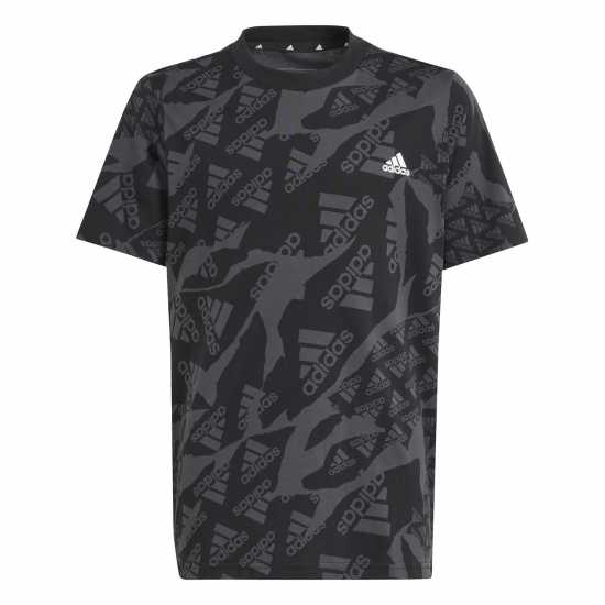 Adidas Essentials Allover Print T-Shirt Junior Boys Black 