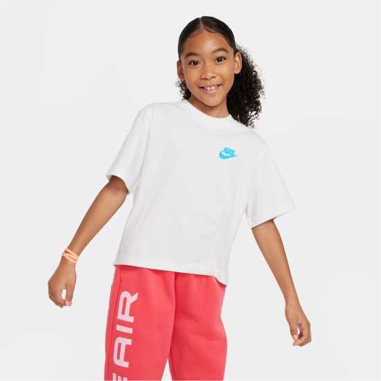 Nike Sportswear Big Kids' (Girls') Boxy T-Shirt Бяло/Червено Детски тениски и фланелки