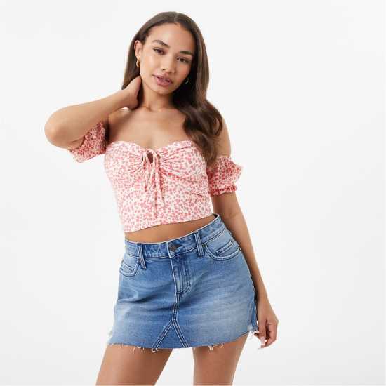 Jack Wills Off Shoulder Crop Top Розово печатне Дамски ризи и тениски