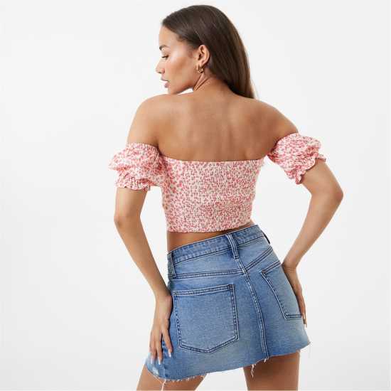 Jack Wills Off Shoulder Crop Top Розово печатне Дамски ризи и тениски