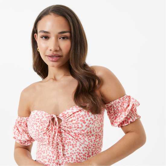 Jack Wills Off Shoulder Crop Top Розово печатне Дамски ризи и тениски