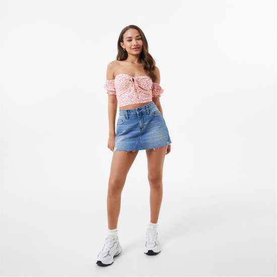 Jack Wills Off Shoulder Crop Top Розово печатне Дамски ризи и тениски