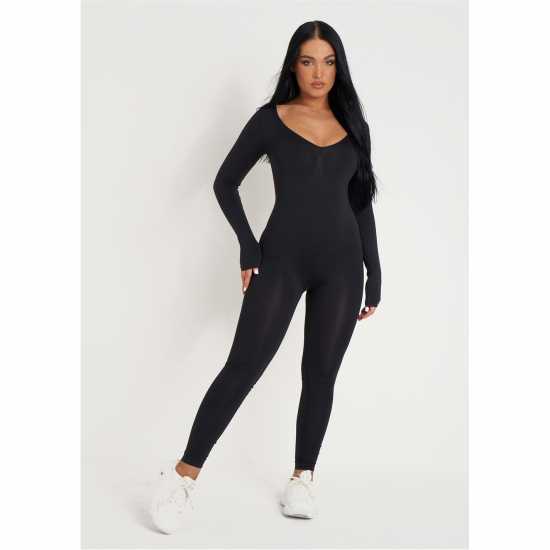 Missy Empire Black Seamless Long Sleeve Plunge Jumpsuit  Дамски поли и рокли