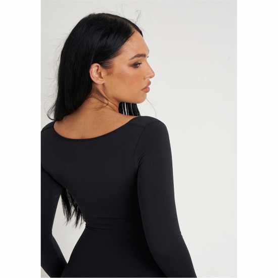 Missy Empire Black Seamless Long Sleeve Plunge Jumpsuit  Дамски поли и рокли