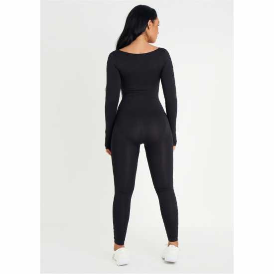 Missy Empire Black Seamless Long Sleeve Plunge Jumpsuit  Дамски поли и рокли