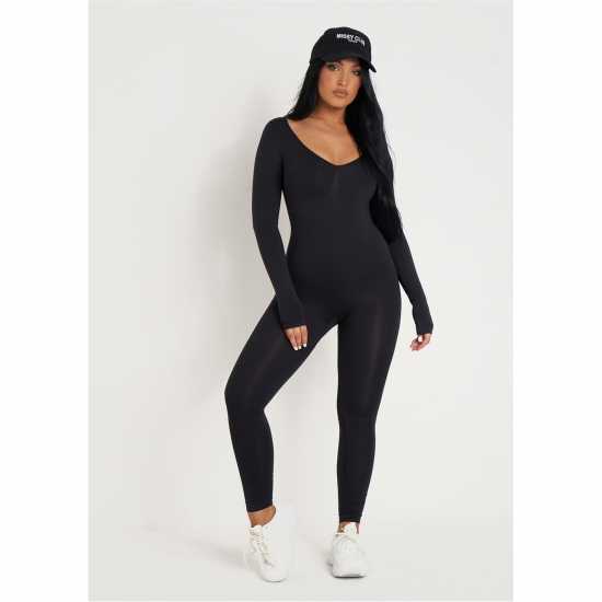 Missy Empire Black Seamless Long Sleeve Plunge Jumpsuit  Дамски поли и рокли