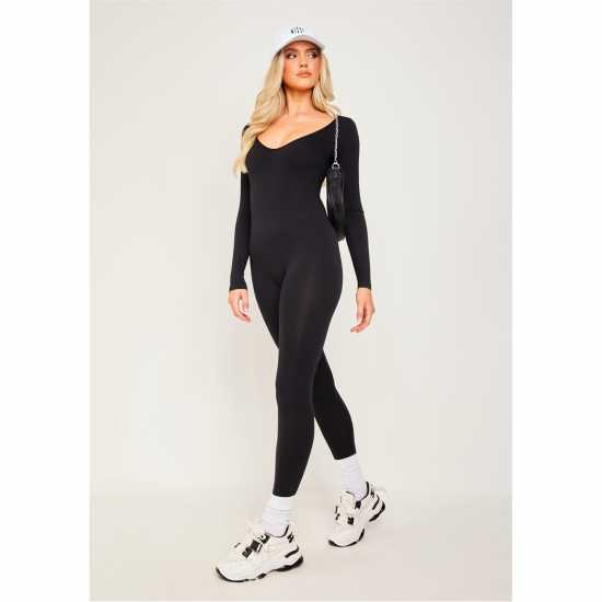 Missy Empire Black Plunge Ribbed Seamless Long Sleeve Jumpsuit  Дамски поли и рокли