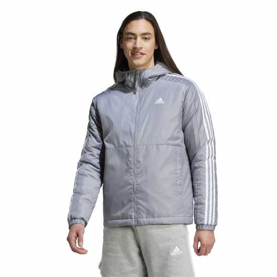 Adidas Мъжко Яке С Качулка 3 Stripe Essential Hooded Jacket Mens Сиво Мъжки грейки