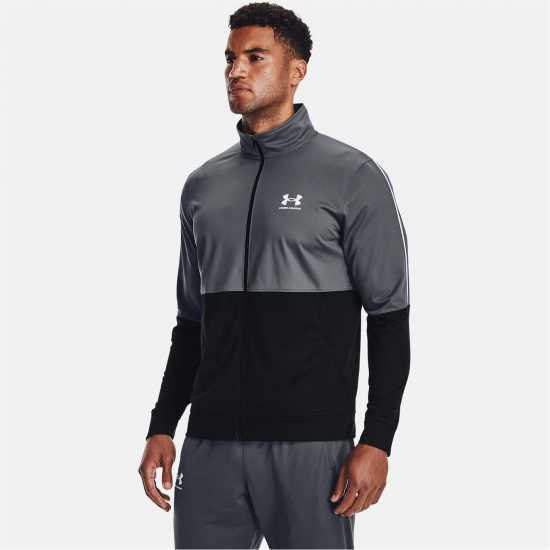 Under Armour Мъжко Спортно Горнище Pique Track Jacket Mens Черно сиво Мъжки дрехи за фитнес