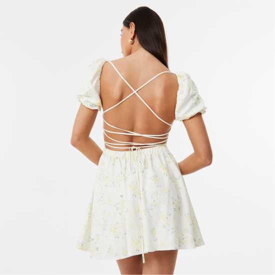 Jack Wills Tie Back Dress Бяло/Жълто Пр Дамски поли и рокли