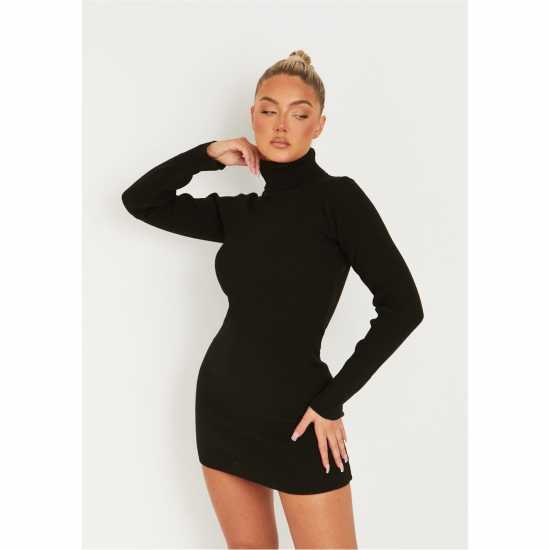 Missy Empire Nikita Black Roll Neck Knitted Mini Dress Черно Дамски поли и рокли