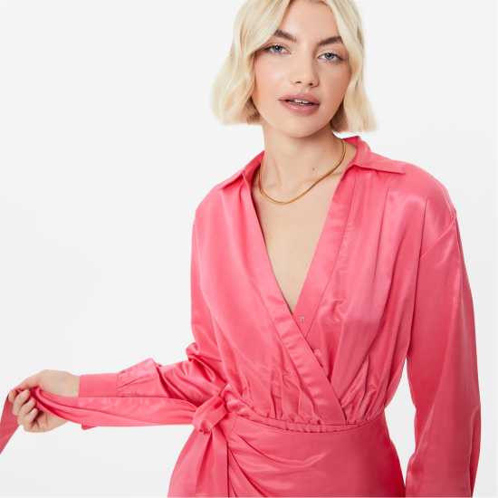 Рокля-Риза Jack Wills Draped Shirt Dress Горещо розово Дамски поли и рокли