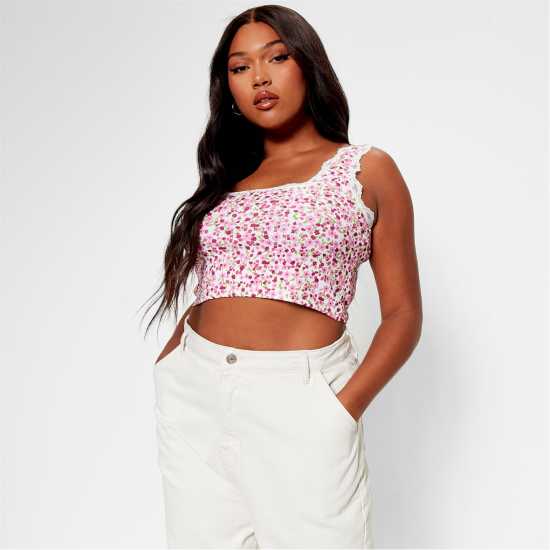 Топ С Ластично Деколте I Saw It First Lace Trim Square Neck Rib Crop Top  Дамски тениски и фланелки