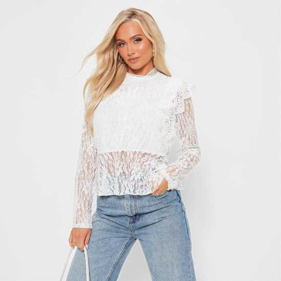 I Saw It First Lace Frill Hem Peplum Top Бял Дамски тениски и фланелки