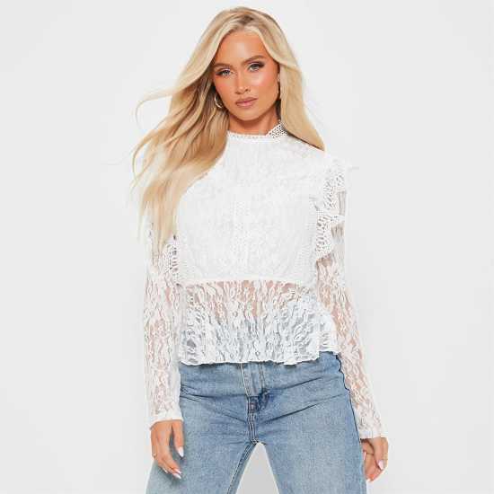 I Saw It First Lace Frill Hem Peplum Top Бял Дамски тениски и фланелки